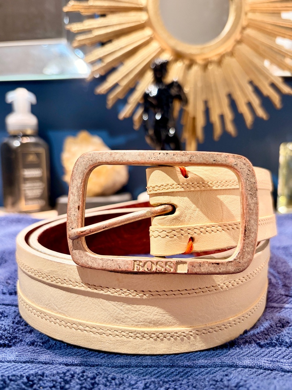 Boss Beige Leather Belt with silver/ Brass tone Buckle
